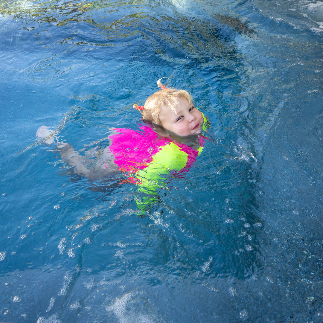 UPF 50+ Neon Pink Color Block Girls One Piece Long Sleeve Swimsuit [PRE-ORDER]