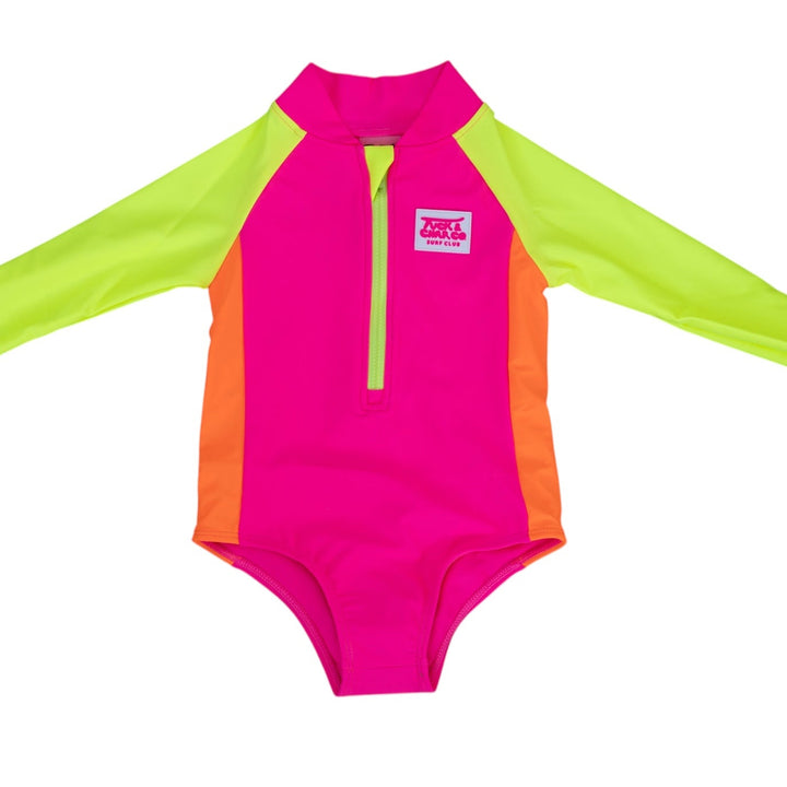 UPF 50+ Neon Pink Color Block Girls One Piece Long Sleeve Swimsuit [PRE-ORDER]