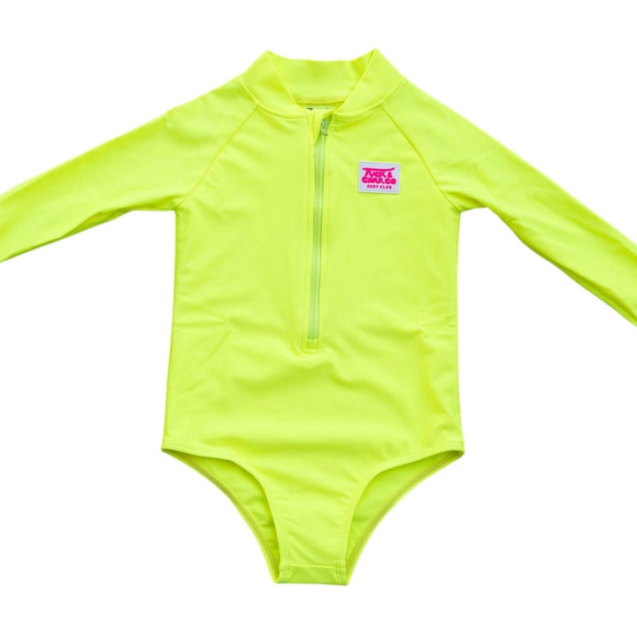 UPF 50+ Neon Yellow Girls One Piece Long Sleeve Swimsuit [PRE-ORDER]