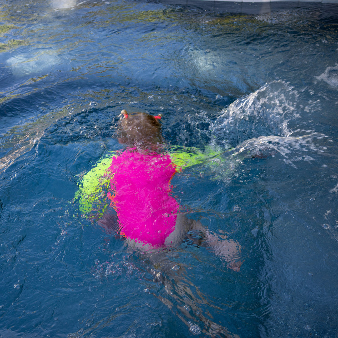 UPF 50+ Neon Pink Color Block Girls One Piece Long Sleeve Swimsuit [PRE-ORDER]