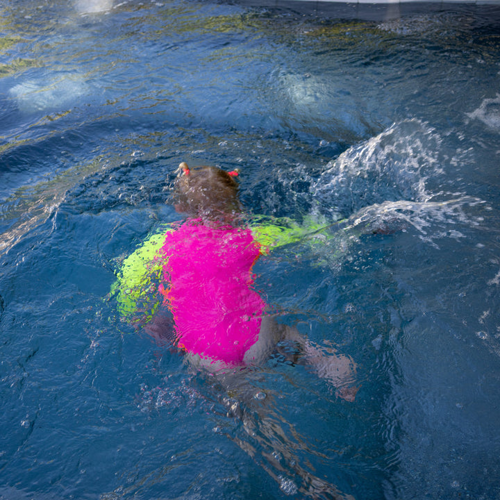 UPF 50+ Neon Pink Color Block Girls One Piece Long Sleeve Swimsuit [PRE-ORDER]