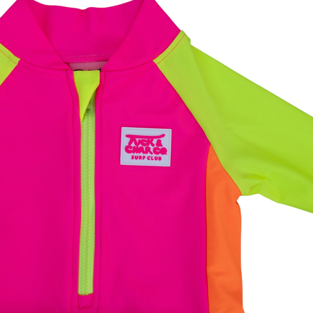 UPF 50+ Neon Pink Color Block Girls One Piece Long Sleeve Swimsuit [PRE-ORDER]