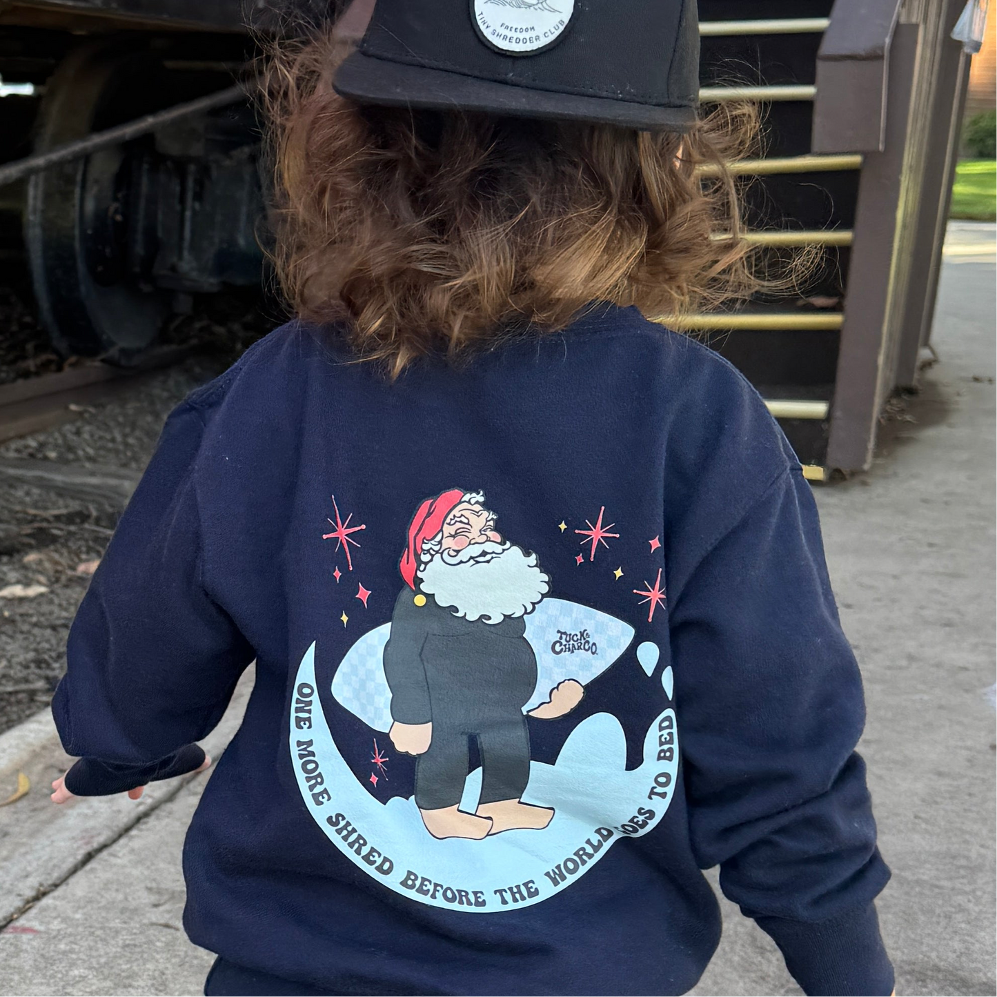 One More Shred Surfing Santa- Kids Navy Crewneck Sweatshirt