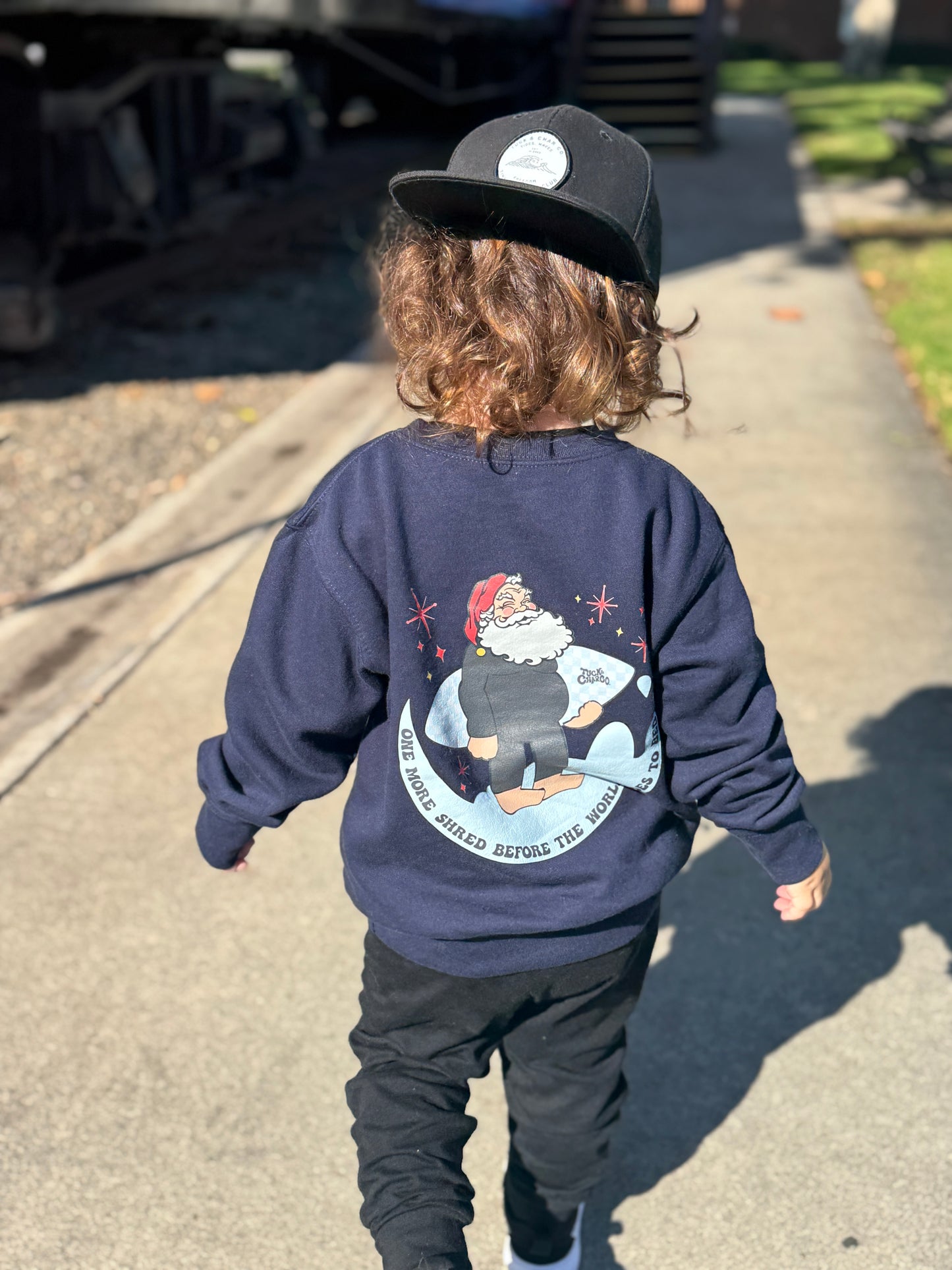 One More Shred Surfing Santa- Kids Navy Crewneck Sweatshirt