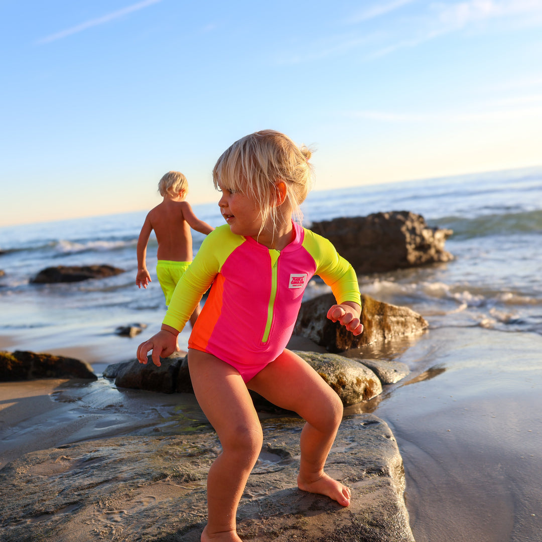 UPF 50+ Neon Pink Color Block Girls One Piece Long Sleeve Swimsuit [PRE-ORDER]
