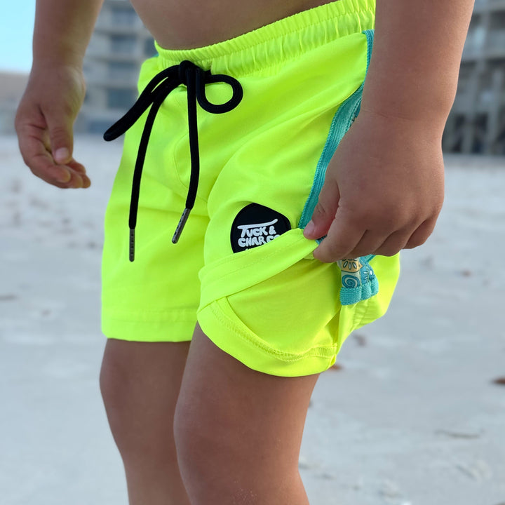 Neon Yellow Boys Hybrid Boardshorts – Retro Coastal [PRE-ORDER]