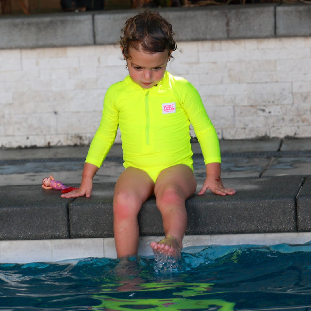 UPF 50+ Neon Yellow Girls One Piece Long Sleeve Swimsuit [PRE-ORDER]