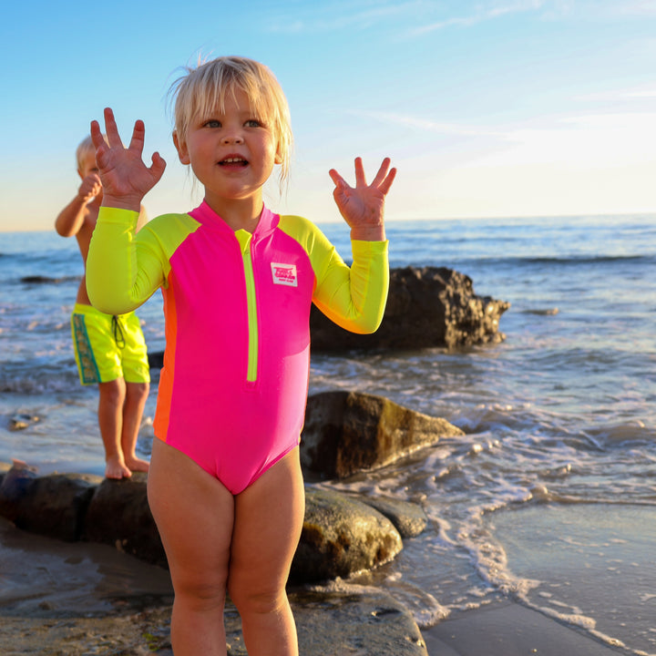 UPF 50+ Neon Pink Color Block Girls One Piece Long Sleeve Swimsuit [PRE-ORDER]