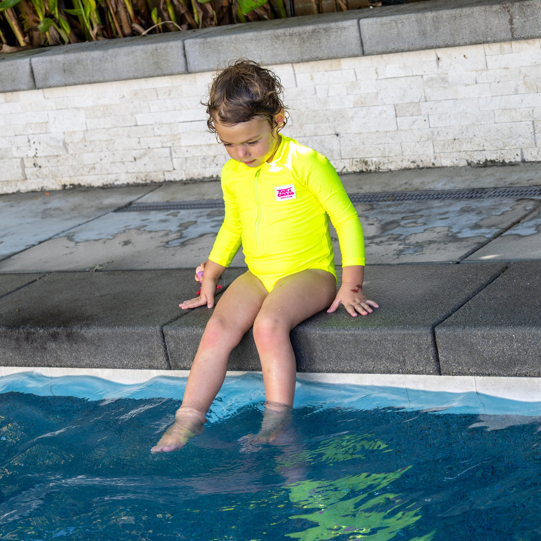 UPF 50+ Neon Yellow Girls One Piece Long Sleeve Swimsuit [PRE-ORDER]