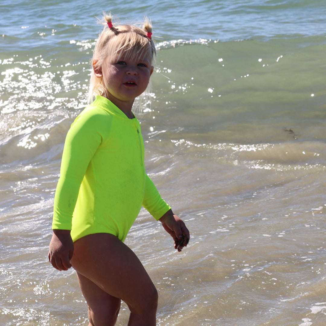 UPF 50+ Neon Yellow Girls One Piece Long Sleeve Swimsuit [PRE-ORDER]