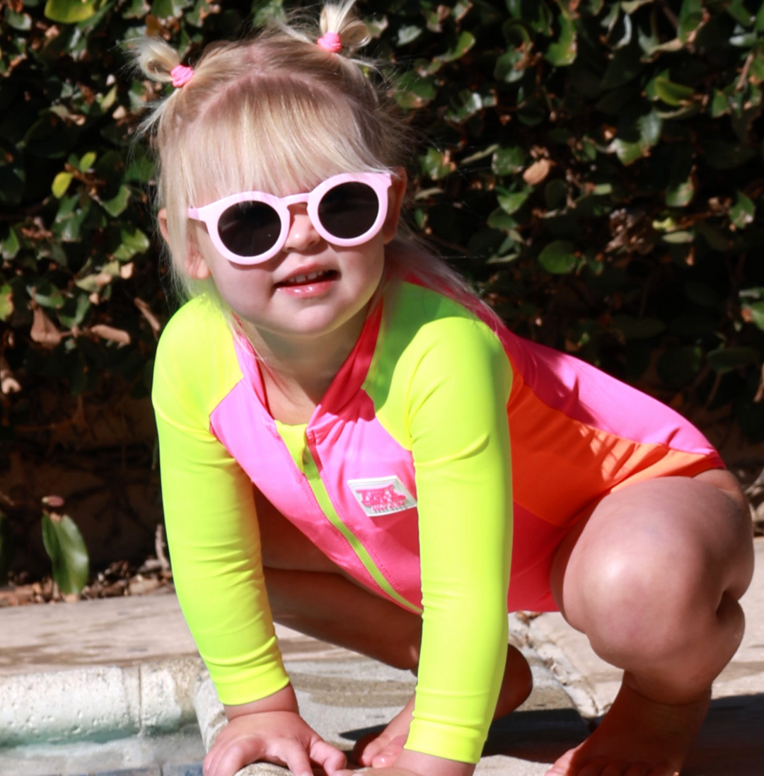 UPF 50+ Neon Pink Color Block Girls One Piece Long Sleeve Swimsuit [PRE-ORDER]