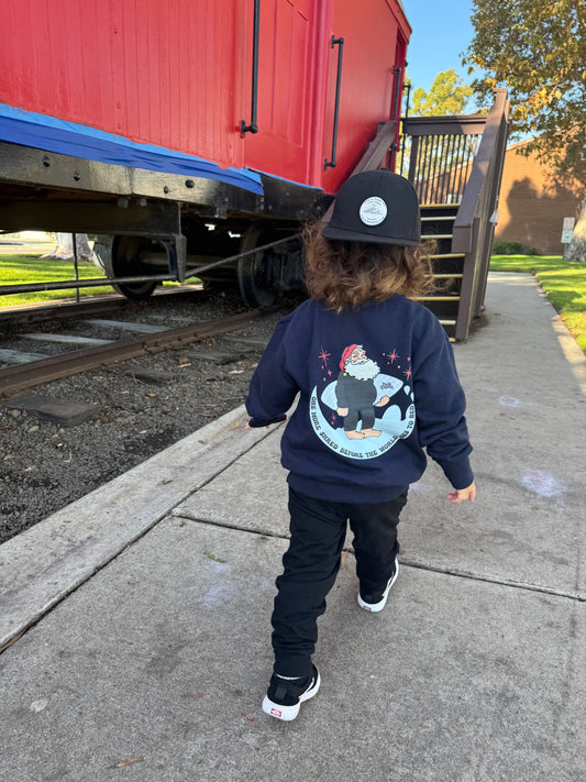 One More Shred Surfing Santa- Kids Navy Crewneck Sweatshirt