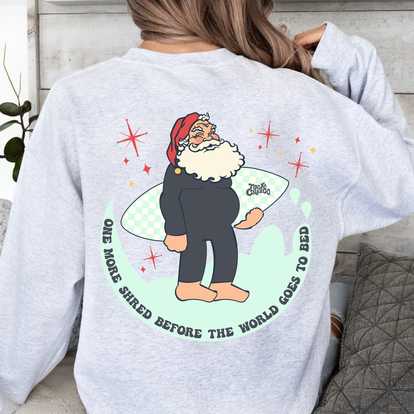 One More Shred Surfing Santa- Adult Grey Crewneck Sweatshirt