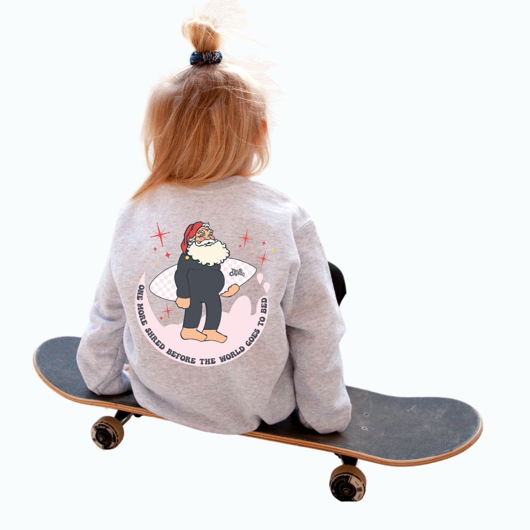 One More Shred Surfing Santa- Kids Crewneck Sweatshirt Grey