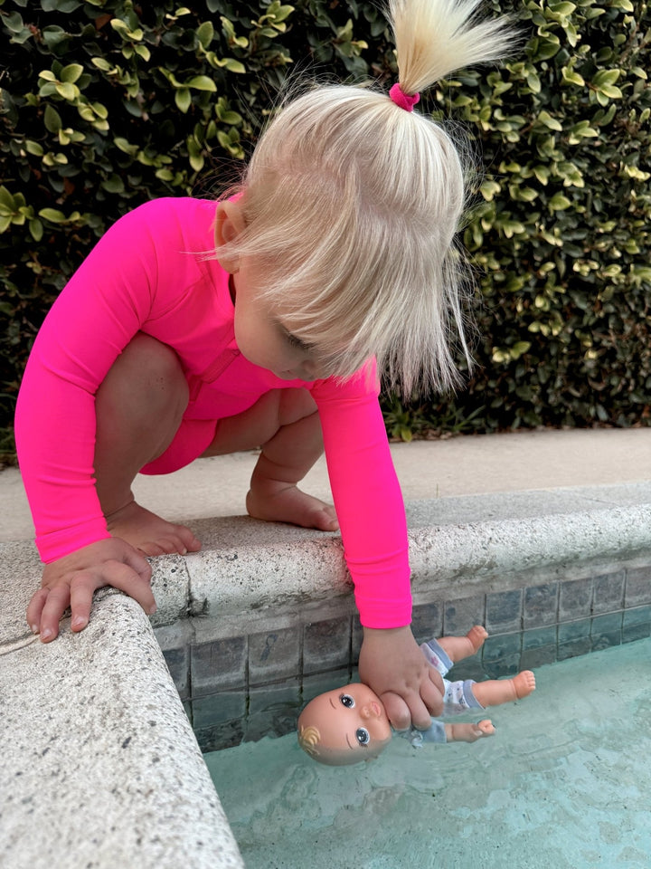 Hi - Viz Neon Pink Girls One Piece Long Sleeve Swimsuit - Tuck & Char Co.