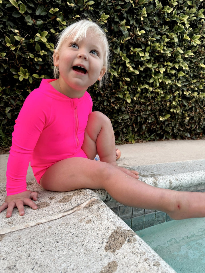 Hi - Viz Neon Pink Girls One Piece Long Sleeve Swimsuit - Tuck & Char Co.