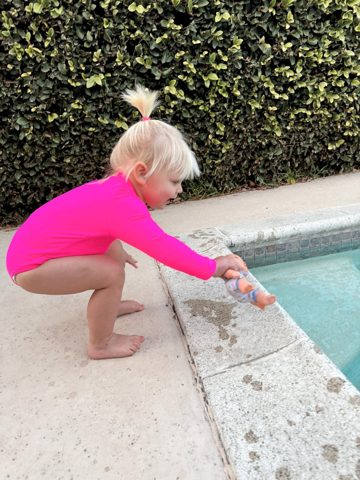 Hi - Viz Neon Pink Girls One Piece Long Sleeve Swimsuit - Tuck & Char Co.