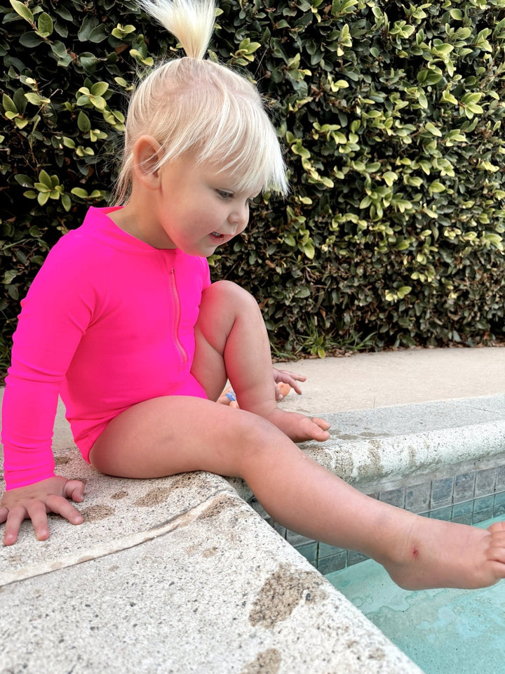 Hi - Viz Neon Pink Girls One Piece Long Sleeve Swimsuit - Tuck & Char Co.