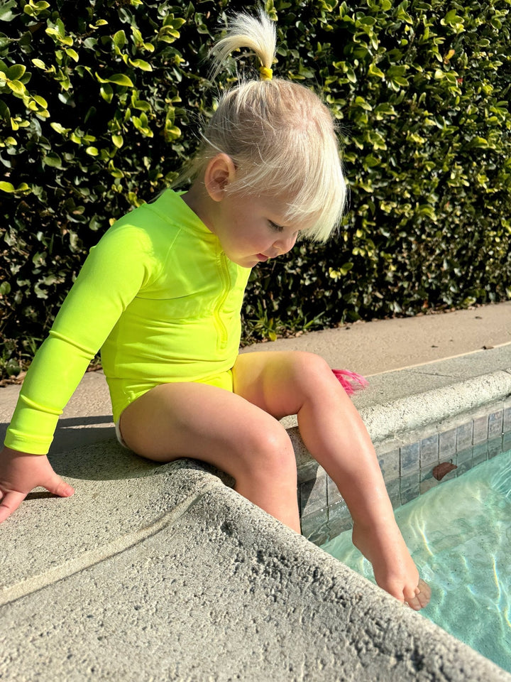 Hi - Viz Neon Yellow Girls One Piece Long Sleeve Swimsuit - Tuck & Char Co.