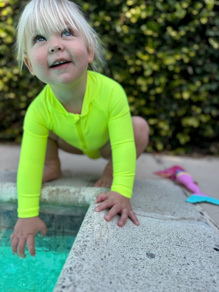 Hi - Viz Neon Yellow Girls One Piece Long Sleeve Swimsuit - Tuck & Char Co.
