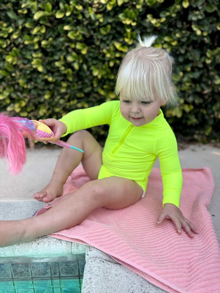 Hi - Viz Neon Yellow Girls One Piece Long Sleeve Swimsuit - Tuck & Char Co.