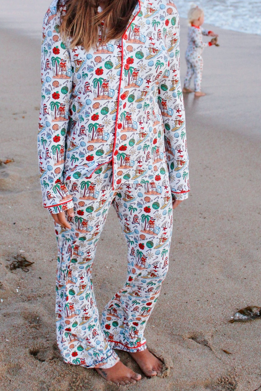 Jolly Waves Bamboo Women's Pajama Set - Button - Up Top + Wide - Leg Pants - Tuck & Char Co.