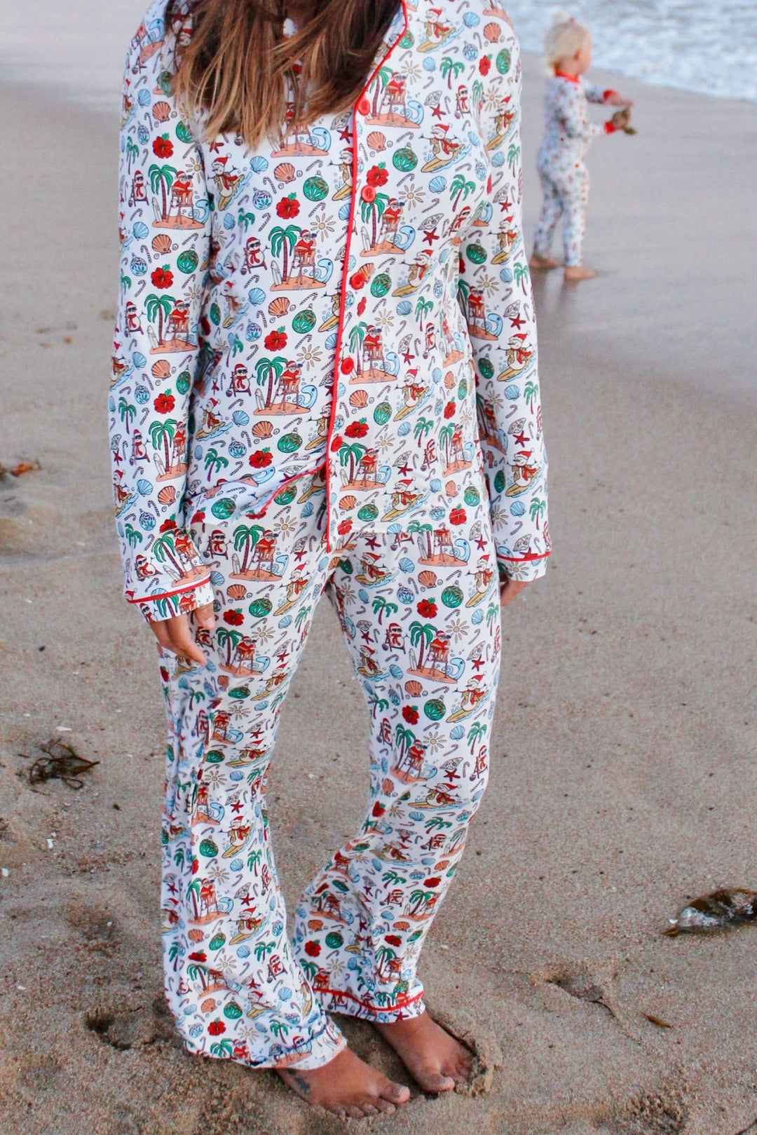 Jolly Waves Bamboo Women's Pajama Set - Button - Up Top + Wide - Leg Pants - Tuck & Char Co.