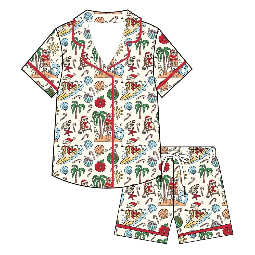 Jolly Waves Women's Bamboo Pajama Set - Short Sleeve Button - Up Top + Shorts - Tuck & Char Co.