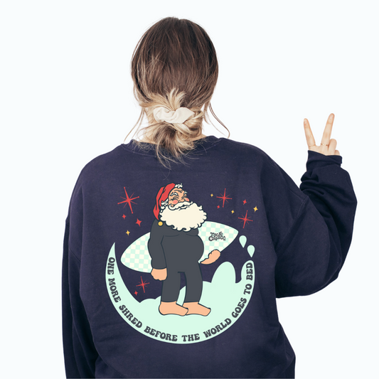 One More Shred Surfing Santa- Adult Navy Crewneck Sweatshirt