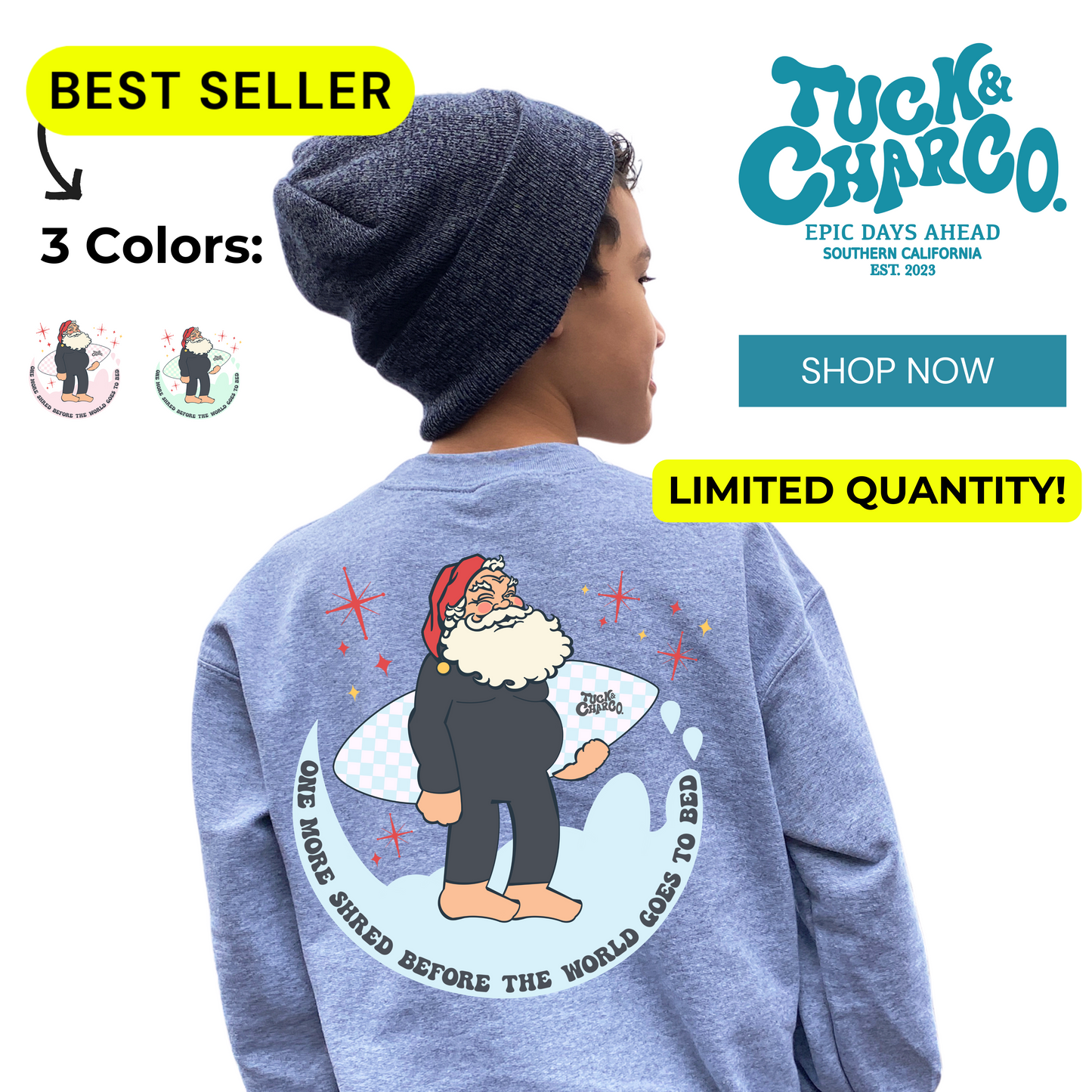 One More Shred Surfing Santa- Kids Crewneck Sweatshirt Grey