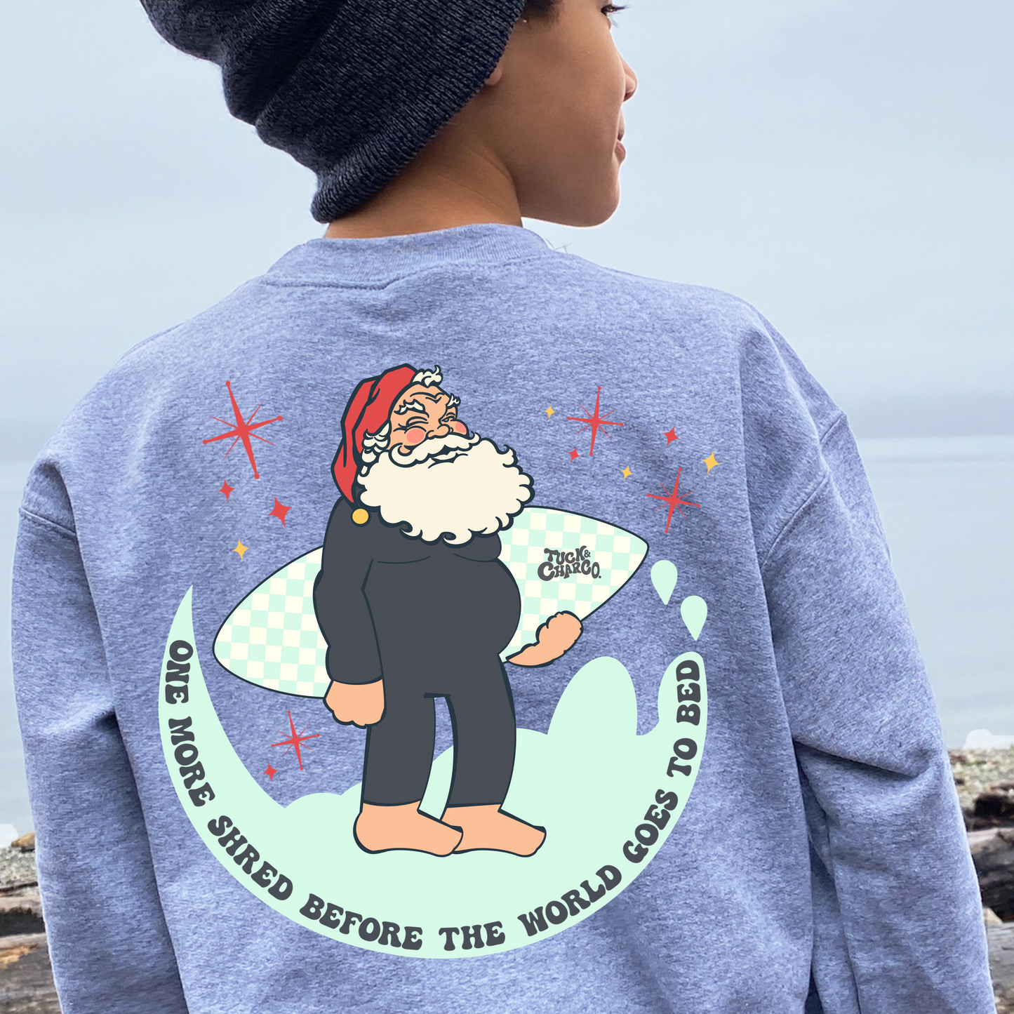 One More Shred Surfing Santa- Kids Crewneck Sweatshirt Grey