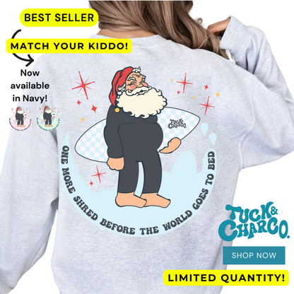 One More Shred Surfing Santa- Adult Grey Crewneck Sweatshirt